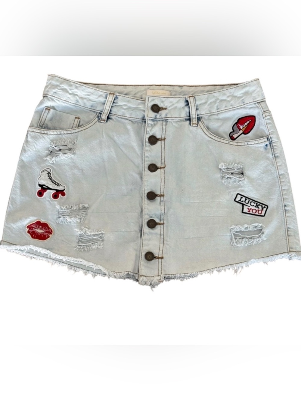 WOW couture Light Blue Distressed Denim Patch Skirt